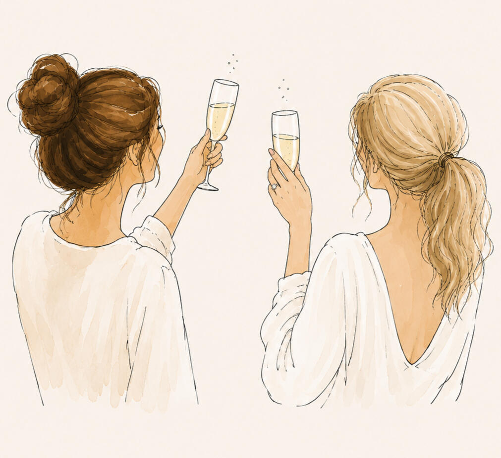 Two women making a toast, one wearing a new engagement ring